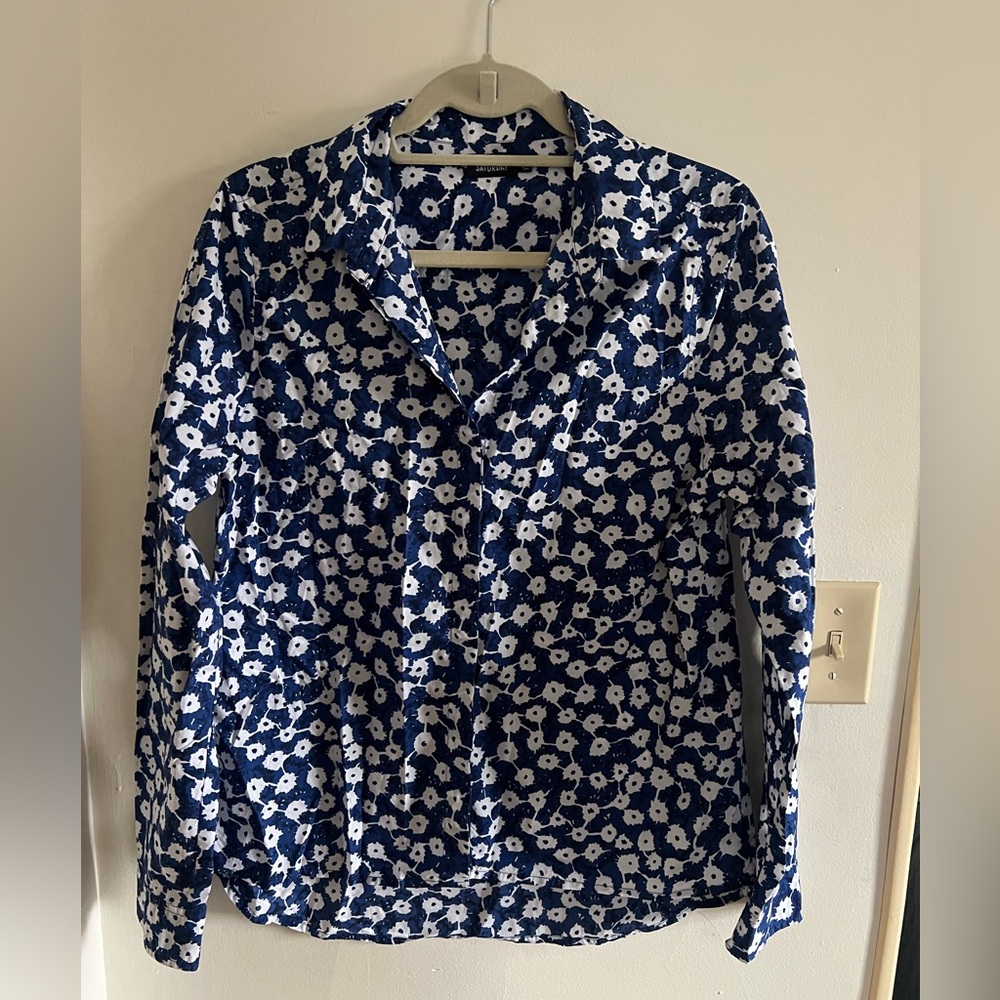 KATE SPADE SATURDAY BLUE WHITE BUTTON DOWN SHIRT Size Large 100% Cotton
